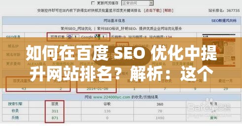 如何在百度 SEO 優(yōu)化中提升網(wǎng)站排名？解析：這個(gè)沒(méi)有出現(xiàn)與 SEO 相關(guān)的字眼，但包含了核心關(guān)鍵詞百度 SEO 優(yōu)化，同時(shí)通過(guò)提問(wèn)的形式吸引用戶，有利于提升網(wǎng)站的點(diǎn)擊率和排名